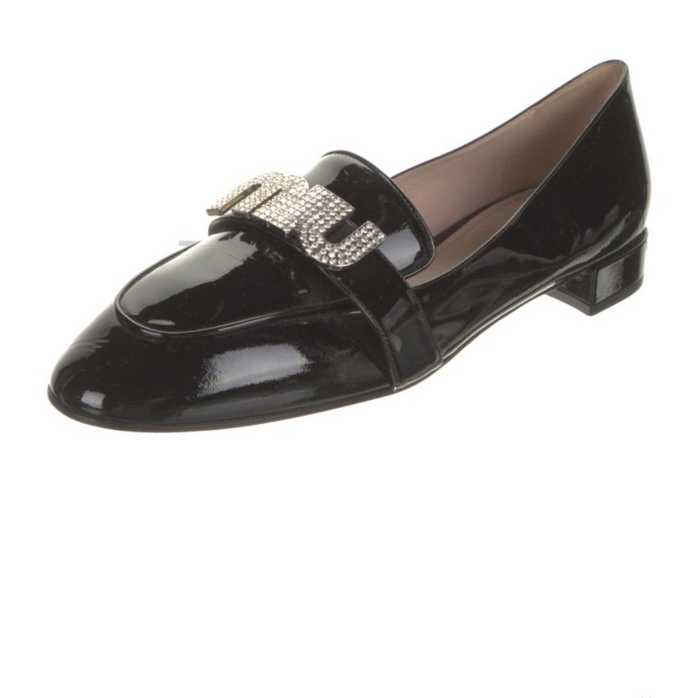 Miu Miu Black Patent Loafers with Crystal Buckle